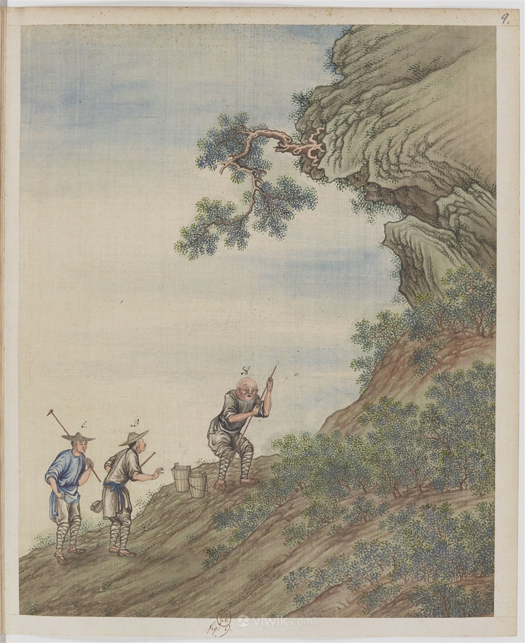 古代老人爬山制茶贸易场景绘画图片