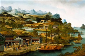 古代江边集市贸易场景绘画图片