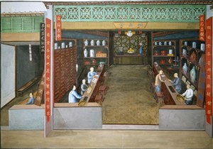 古代中药集市贸易场景绘画图片