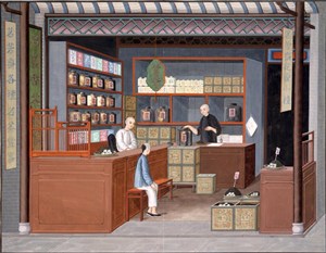 古代花草茶集市贸易场景绘画图片