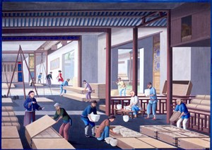 古代瓷器仓库集市贸易场景绘画图片