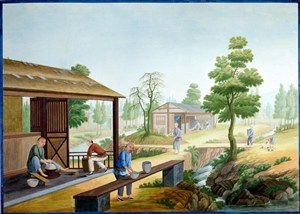古代农村瓷器厂集市贸易场景绘画图片