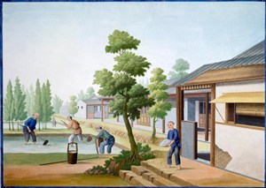 古代洗纱集市贸易场景绘画图片