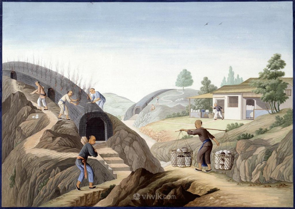 古代大型烧窑集市贸易场景绘画图片