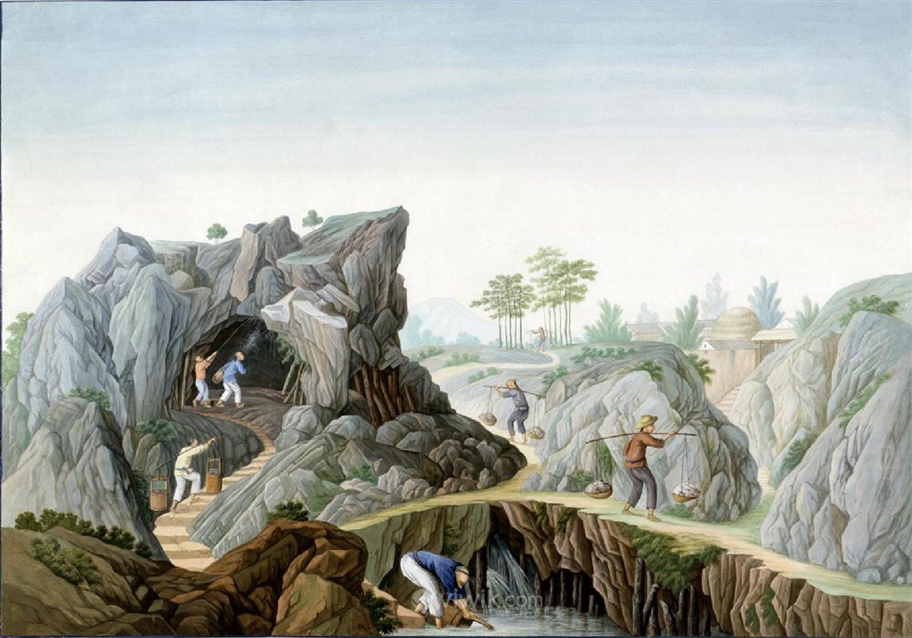 古代石矿集市贸易场景绘画图片