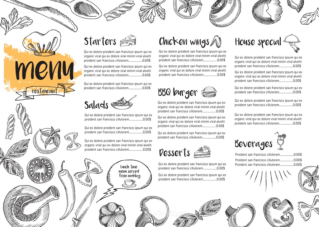 手绘蔬菜西餐菜单内页设计模板