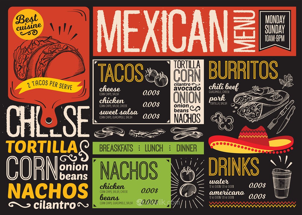 异域风味墨西哥餐厅菜单设计模板