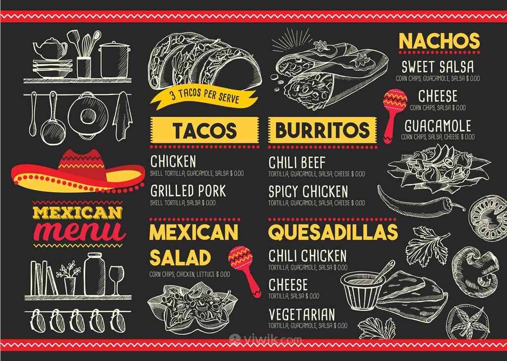 简约手绘风墨西哥餐厅菜单设计模板
