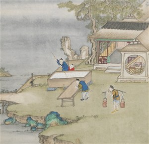 古代江边搅拌纸浆喝晒纸浆造纸场景绘画图片
