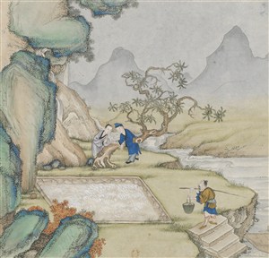 古代池塘纸浆沉淀造纸场景绘画图片