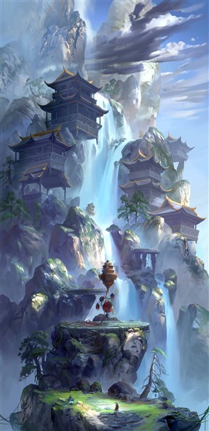 唯美神迹神宫瀑布中国风CG原画图片