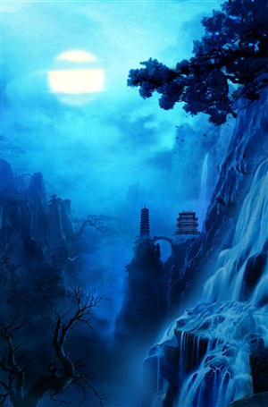 深藍黑夜寂靜中國風CG原畫圖片