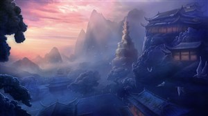 飘渺夕阳古代房屋中国风CG原画图片