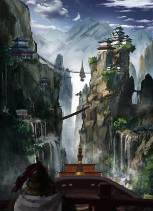 悬崖峭壁吊桥道观中国风CG原画图片