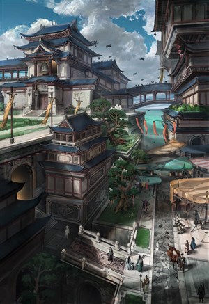 中国风古装人物建筑物CG原画图片