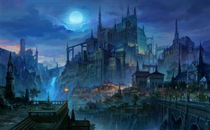 蔚藍夜色中國風城堡CG原畫圖片