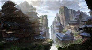 悬崖间的中国风CG建筑物原画图片