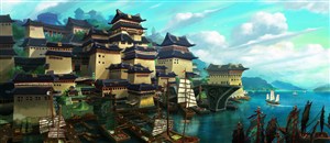 中国风黄色建筑物湖边江边CG原画绘画图片