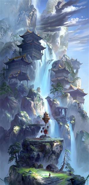 中国风瀑布寺庙CG原画绘画图片