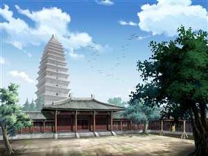 高塔飞鸟寺庙中国风CG原画绘画图片