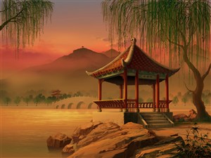 夕阳下城厅外中国风CG原画绘画图片