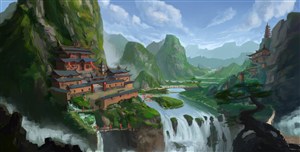 中国风高清瀑布河流CG原画绘画图片