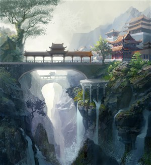 中国风悬崖边的古代寺庙CG原画绘画图片