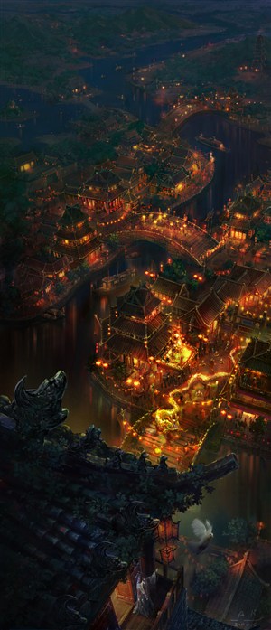 中国风鸟瞰古代城镇晚上庙会CG原画绘画图片