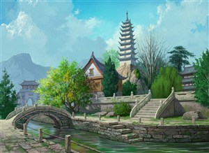 中国风古代小镇CG原画绘画图片
