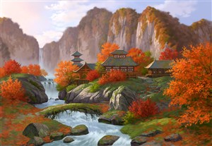 秋季红枫树中国风CG原画绘画图片
