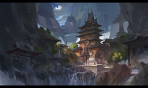 中国风CG深山瀑布寺庙原画绘画图片