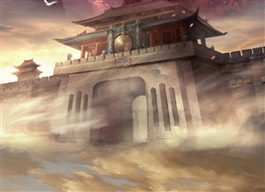 中国风CG烟雾缭绕的战场城门前原画绘画图片