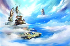 蔚蓝天空漫画风空中城堡中国风CG原画绘画图片