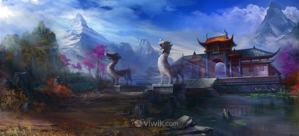 两尊神兽石像中国风CG原画图片