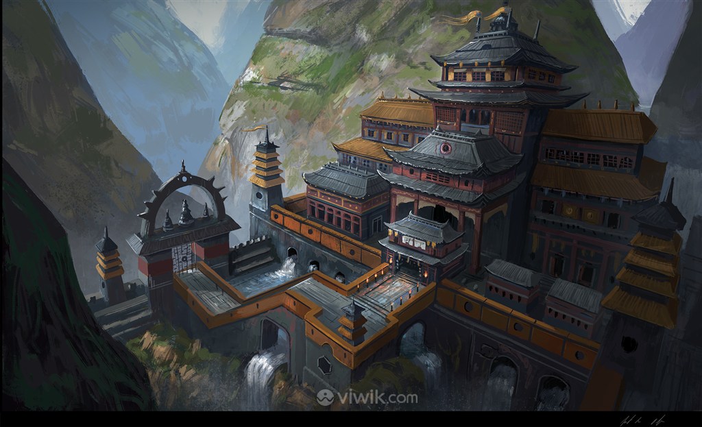 中国风CG原画绘画山上的建筑物图片