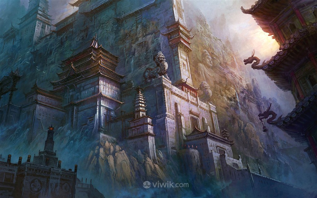 悬崖峭壁上的建筑物和佛像中国风CG原画绘画图片