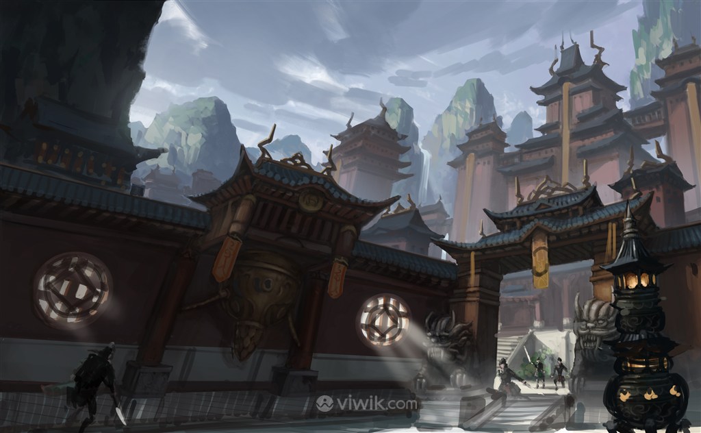 道观寺内风景环境中国风CG原画绘画图片