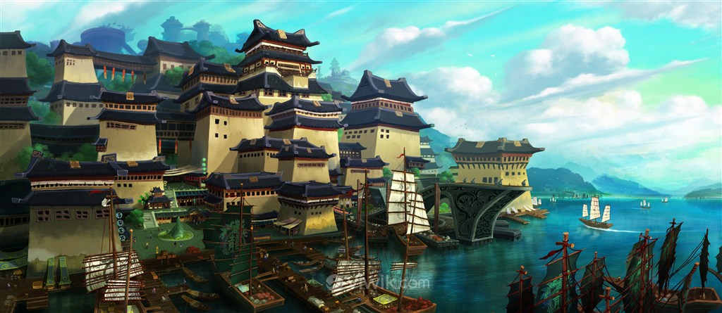 中国风黄色建筑物湖边江边CG原画绘画图片