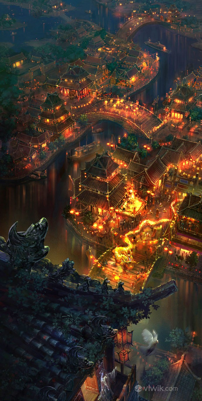 灯火通明的城市中国风CG原画绘画图片