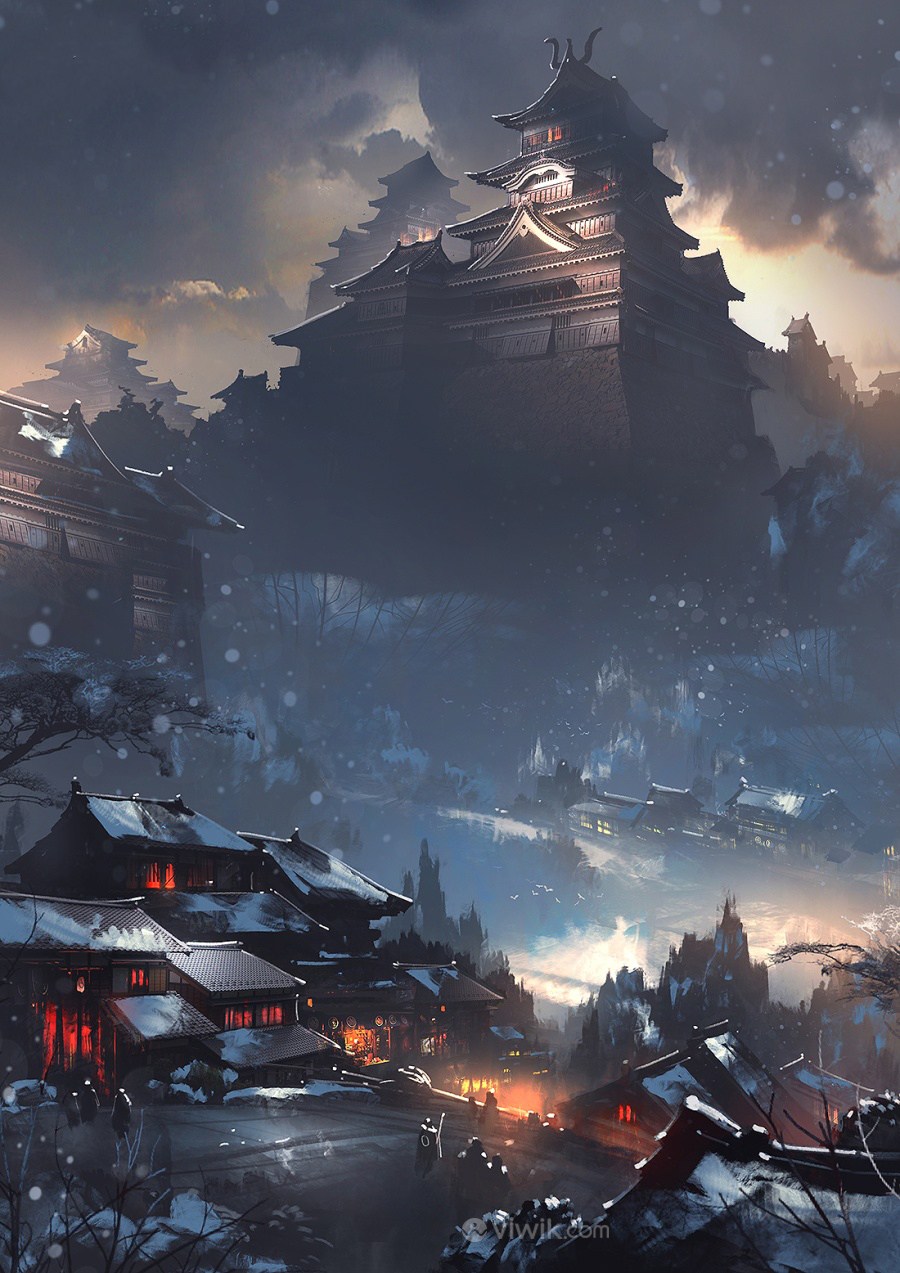 古代黑夜中国风CG建筑物原画绘画图片