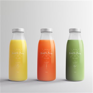 3种颜色的果汁瓶饮料瓶玻璃瓶包装贴图样机