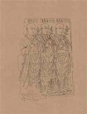 石窟克孜尔壁画线描稿三人和尚拿鲜花中国风图片