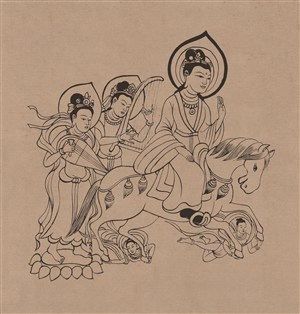 莫高窟397窟隋代伎乐菩萨骑马菩萨和后面一对唱弹的仙女中国风图片