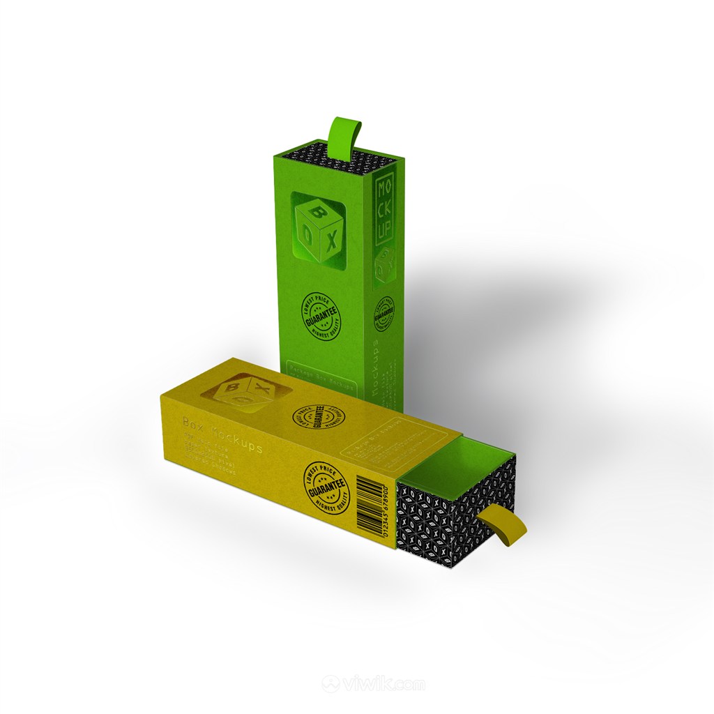拉开的黄色包装盒盒竖立的绿色包装盒纸盒贴图样机