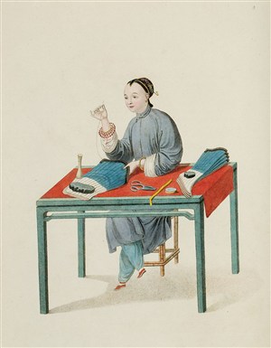 古代人物缝补袜子的女子生活绘画图片