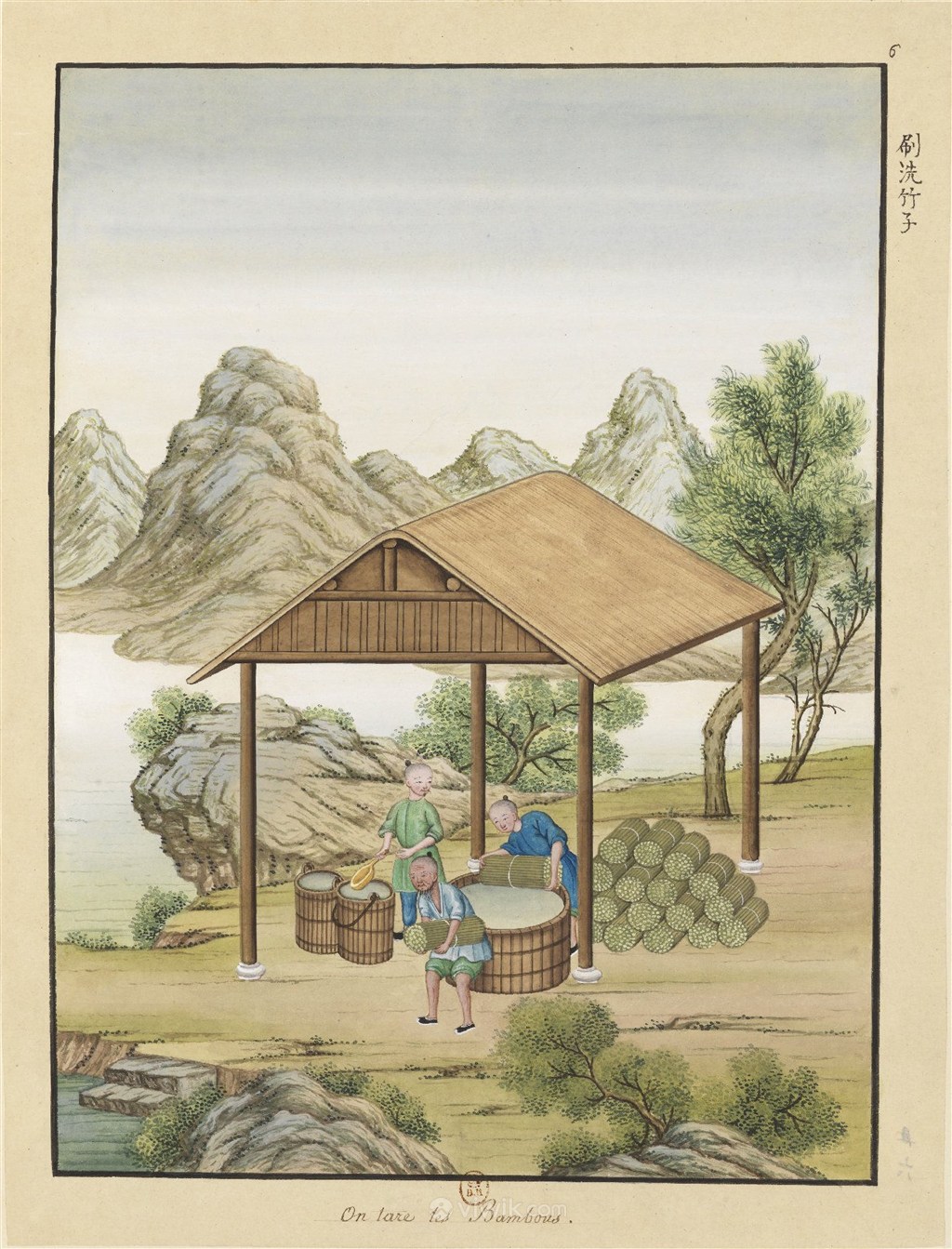 古代造纸步骤场景刷洗竹子绘画图片