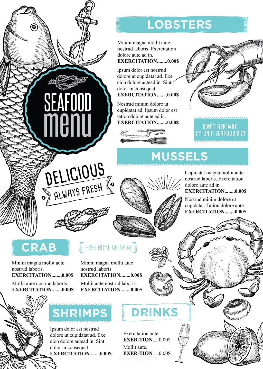 美味海鲜螃蟹龙虾菜单设计模板