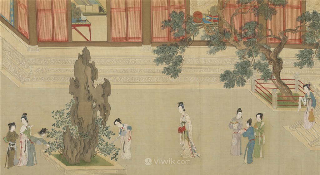 第八幅汉宫春晓图假山旁谈话聊天女子绘画图片
