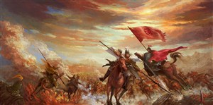 古代红白旗帜武将骑马战场绘画图片