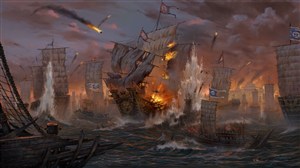 古代武将火烧船战战场绘画图片